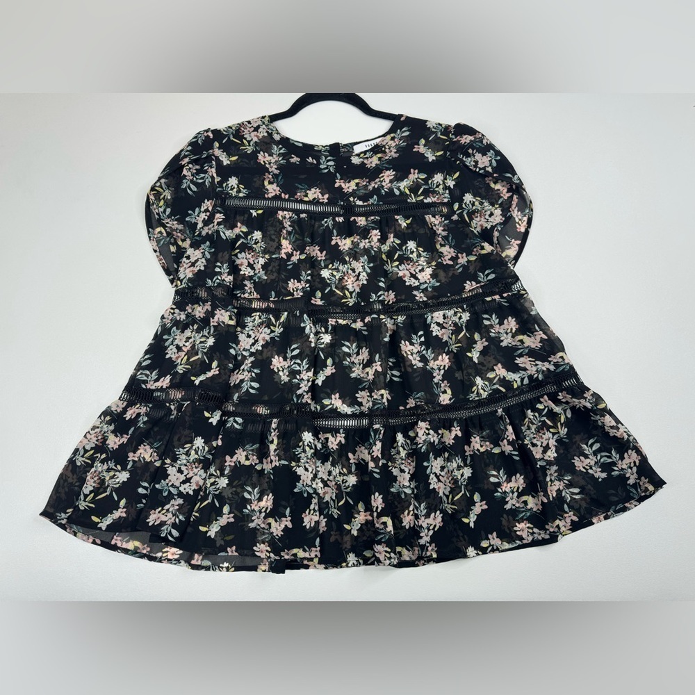 RO & DE Anthro Floral Sheer Flutter Sleeve Blouse Large